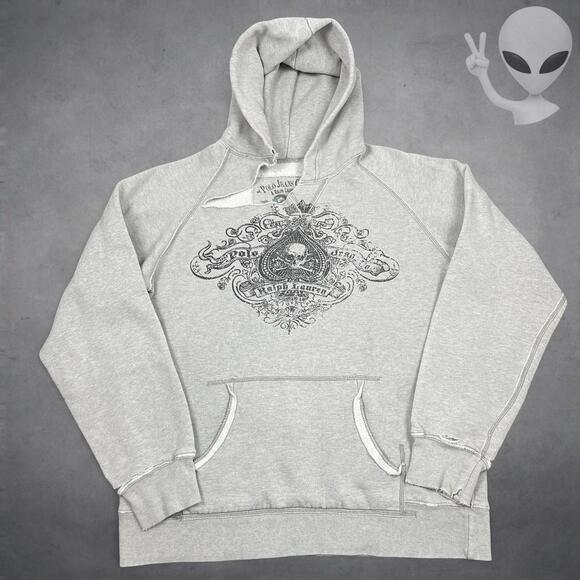 Ralph Lauren Hoodie Medium Grey Distressed Grunge y2k 00s - Picture 2 of 6